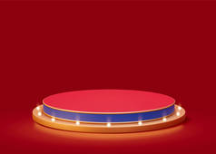 3d round podium decorated with retro broadway lights. Product display platform isolated on red backg