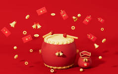 Coins and red packets surround drum and lucky bag, translation on the bag blessing, 3d rendering. Co