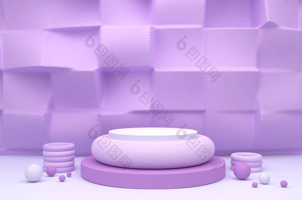 3D Rendering Illustration mockup scene of white rounded podium isolated on purple geometric wall bac