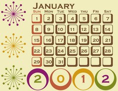 2012 年复古风格日历设置 1 月 1 日