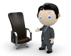 欢迎来到你新的工作场所。社会的 3d 人物: 商人指着皮革办公椅。新不断壮大的表现力的独特多用途图像集合。职业生涯的概念