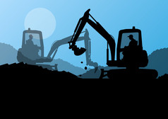 挖掘机装载机和挖掘在建筑工地的工人