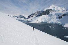 孤独的人漫步在南极雪坡