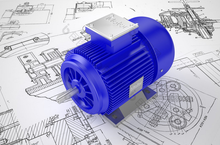 在绘图上的工业电动马达。