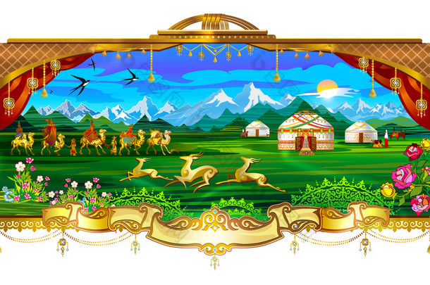 村庄，村庄，蒙古包、 马、 天空、 山脉、 草原、 字段，人住在蒙古包