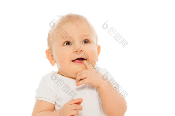 <strong>happy</strong> baby with finger in mouth