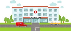 医学的概念。与医院建设和两个救护车在平面样式的全景背景.