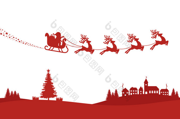 圣诞老人的雪橇驯鹿飞红剪影