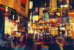 到了晚上，人们走在城市的城市生活的绘画