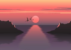 Vector horizontal illustration of sunset over the sea and ship. beautiful sunrise at the sea. the sh