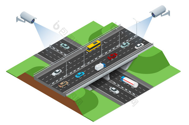安全摄像头可检测流量移动。闭路电视安全摄像头对交通堵塞与高峰时段的等轴测
