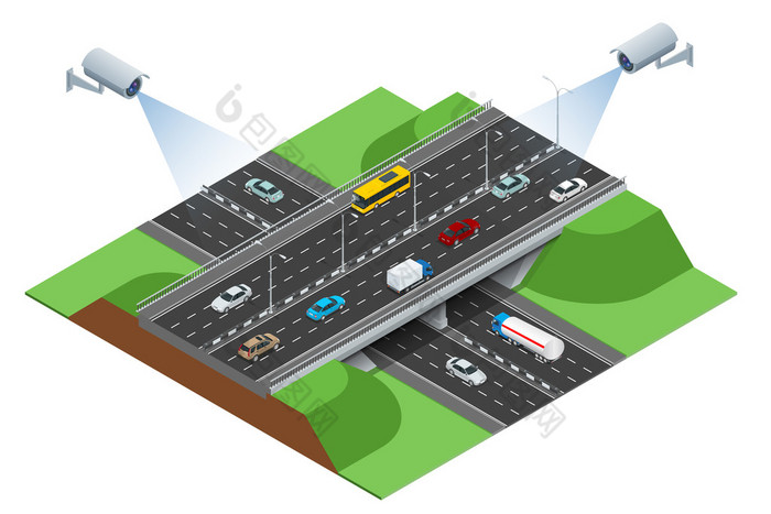 安全摄像头可检测流量移动。闭路电视安全摄像头对交通堵塞与高峰时段的等轴测