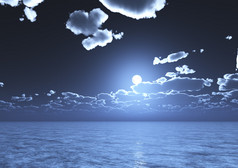 在水-3d 图上反映的蓝色夜空云与满月的观点