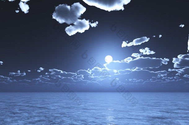 在水-3d 图上反映的蓝色夜空云与满<strong>月</strong>的观点