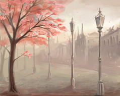 开花樱花树上与 lan 了旧城的背景