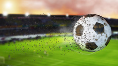 飞行足球留下的灰尘和烟雾痕迹的3d插图。旋转肮脏的足球，斜拉焦点.