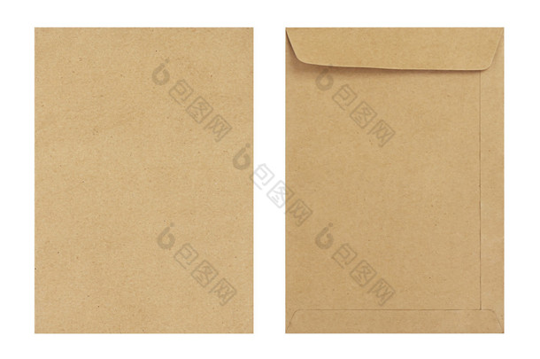 棕色信封正面和背面隔离在白色的背景下，Clipp