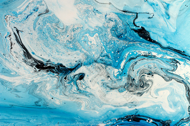 蓝色的大理石纹理。创作背景与抽象油绘波，手工制作的表面。液体<strong>涂料</strong>.