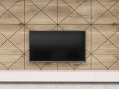 木墙上的电视机的特写
