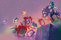 漂浮在紫色背景上的圣诞礼品盒