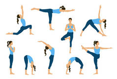 设置的瑜伽姿势。年轻妇女做瑜伽练习.