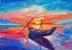 油画，画布上的图稿。渔船在海上  