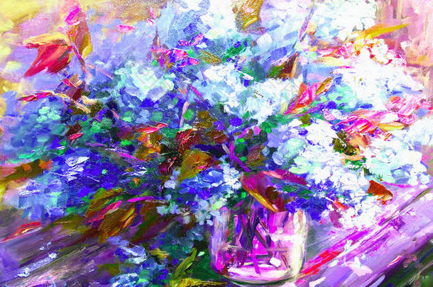 花淡紫色，印象派风格油画静物艺术