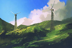 景观与绿色山上风力涡轮机