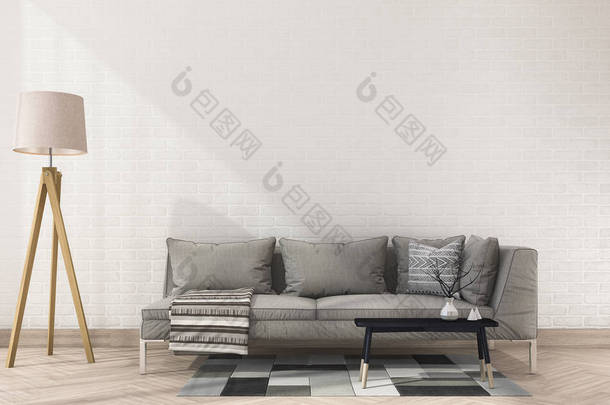 3d 渲染<strong>复古</strong>布艺沙发用布接近白色的<strong>砖墙</strong>和灯