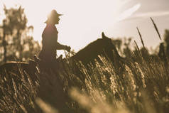 一个女人骑着一匹马-日出或日落时的剪影