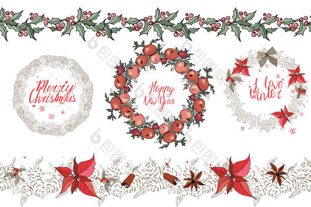 圣诞节节日元素设置。书法的短语，手绘。冬天花环与一品红。孤立的元素为节日设计、 装饰、 广告、 贺卡.
