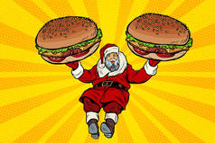 与两个汉堡，快餐交付礼物圣诞老人