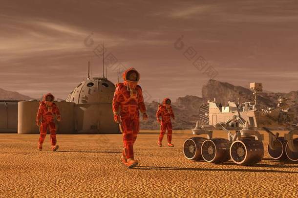 火星的殖民地。探险队在外星球上。火星上的生活。3d 图.