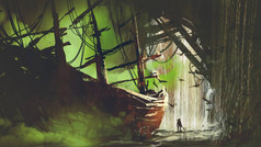被遗弃的海盗船在瀑布洞穴