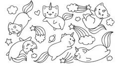 手绘可爱的独角兽猫与明星和云的设计元素和着色书籍页面的孩子或青少年.