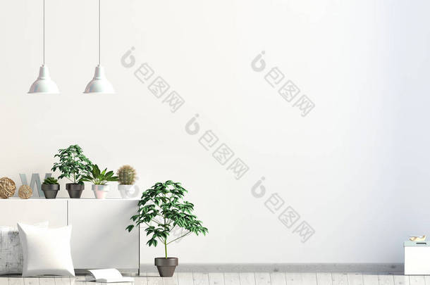 现代化的内部与机架, 植物和枕头。墙上的模拟。3d il
