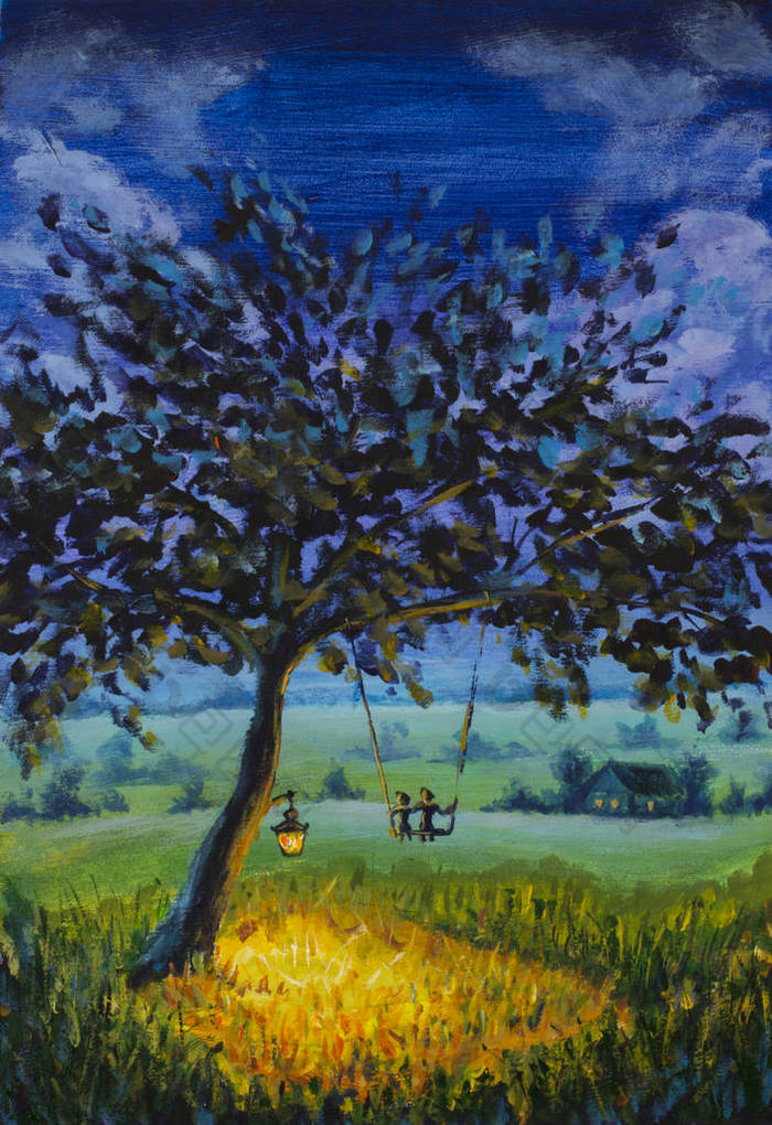 画傍晚质朴的风景一盏灯笼挂在一棵树上一个