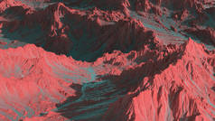 3d. 在一个外星人星球上渲染风景秀丽的山脉景观。火星与沙漠红色土壤的抽象科幻山. 