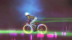 男子骑山地自行车与霓虹灯在车轮上的夜晚, 数字艺术风格, 插图画