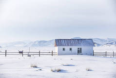 内蒙古北部山区积雪覆盖的小白房子