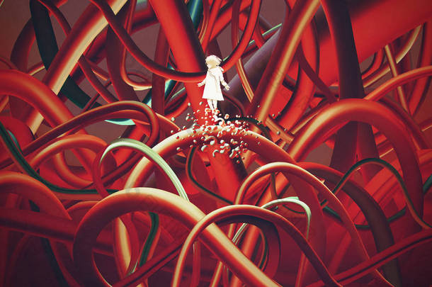 女孩在白色漂浮在许多红色缆绳, <strong>数字</strong>式艺术<strong>样式</strong>, 例证绘画
