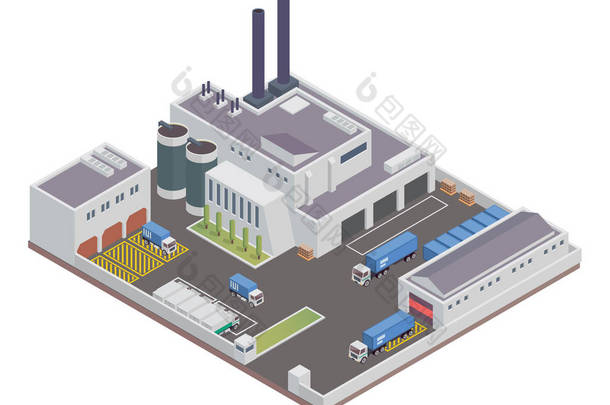 现代等距工业厂房和仓储物流<strong>大楼</strong>, 适用于图、图表、插图等图形相关资产