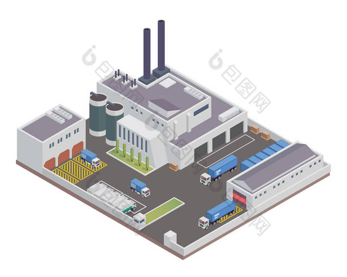 现代等距工业厂房和仓储物流大楼, 适用于图、图表、插图等图形相关资产