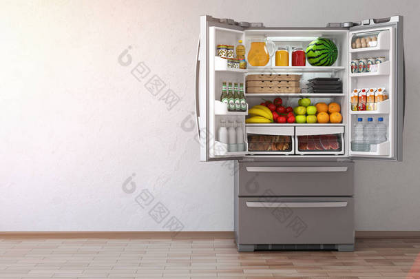 打开冰箱冰箱里满是食物的空厨房里