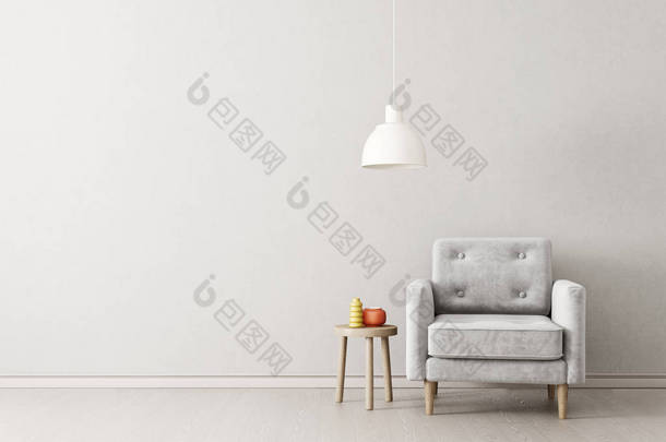 现代客厅与扶手椅和灯。斯堪的纳维亚室内设计<strong>家具</strong>。3d 渲染插图