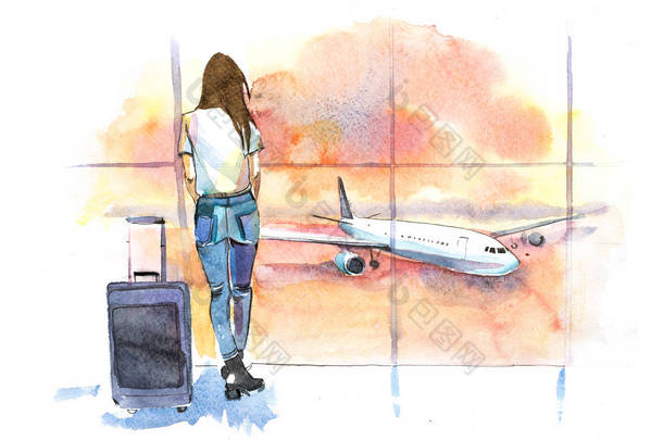旅行。在机场的妇女旅行者看飞机通过玻璃窗口。女孩<strong>游人</strong>等待的飞机离开.