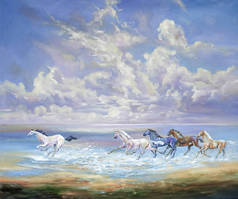 在海岸上奔跑的马匹。作者: 尼古拉 Sivenkov.