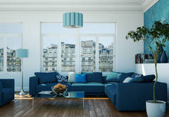 现代明亮的客厅室内设计与蓝色沙发
