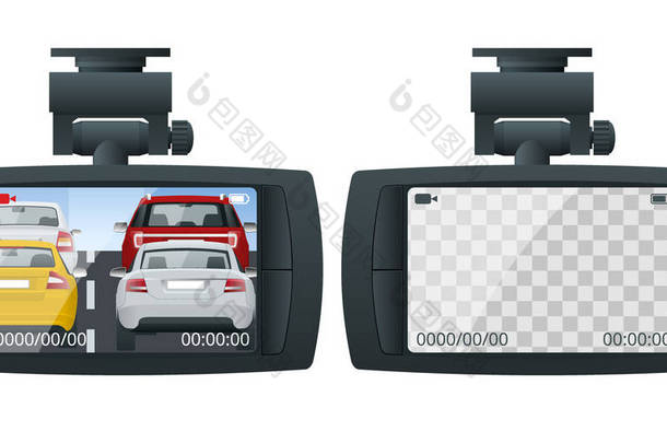 车载硬盘录像机便携式移动硬盘录像机摄像机与 Lcd 屏幕安装在挡风玻璃上, 隔离在白色背景上