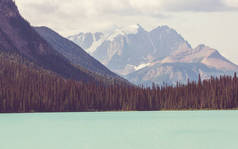 加拿大高山湖畔宁静的风景，岩石映照在平静的水面上.